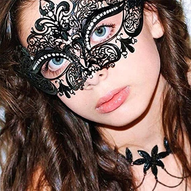 Halloween Masquerade Black Rhinestone eye mask luxury venetian party masks black metal laser-cut xm for women