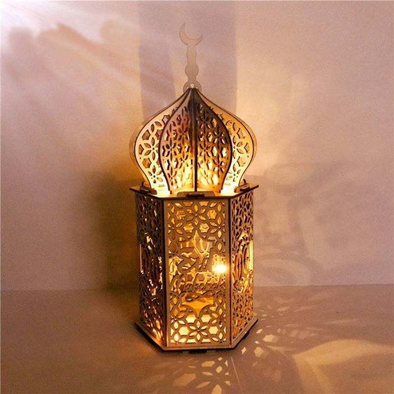 Wholesale Ramadan Decoration Wooden Handicraft Ornaments Creative Muslim Eid Mubarak 3D real flame Decora wood craft lanterns