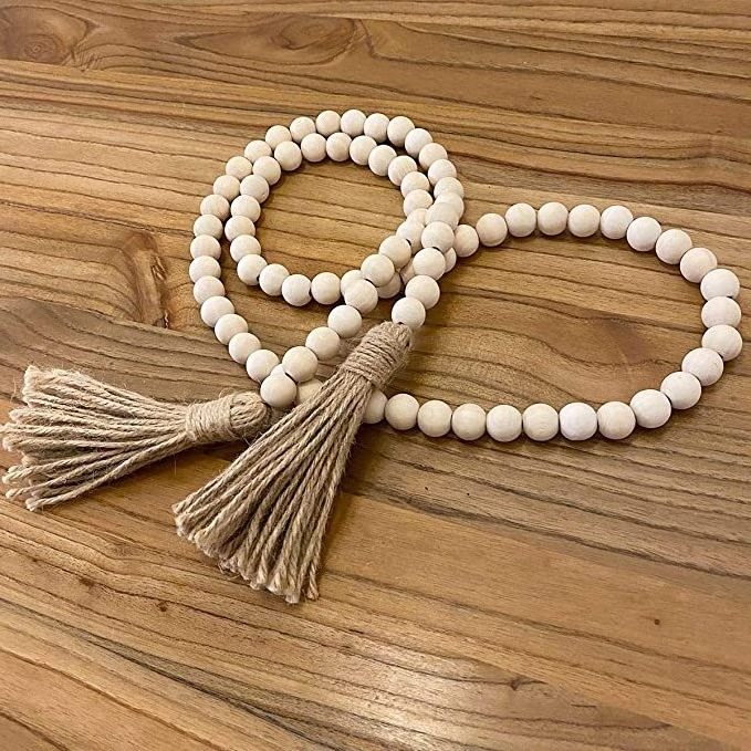 58in Wood Bead Garland with Tassels Farmhouse Beads Rustic Nature Country Decor Prayer Boho Beads Wall Hanging Decoration