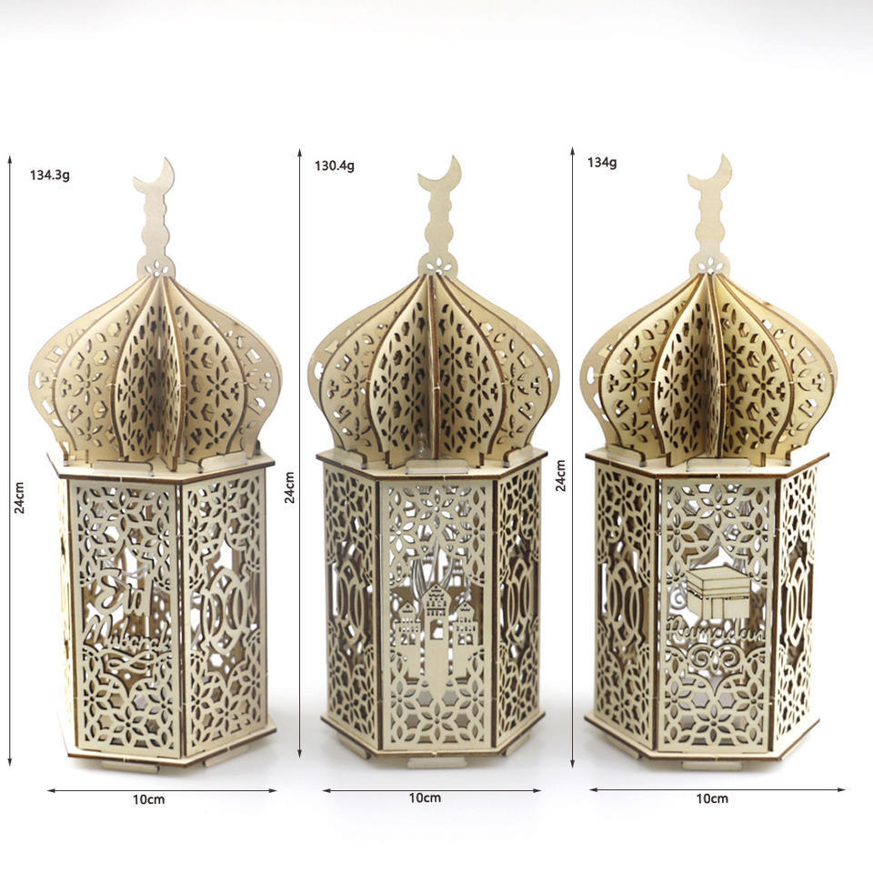 Wholesale Ramadan Decoration Wooden Handicraft Ornaments Creative Muslim Eid Mubarak 3D real flame Decora wood craft lanterns