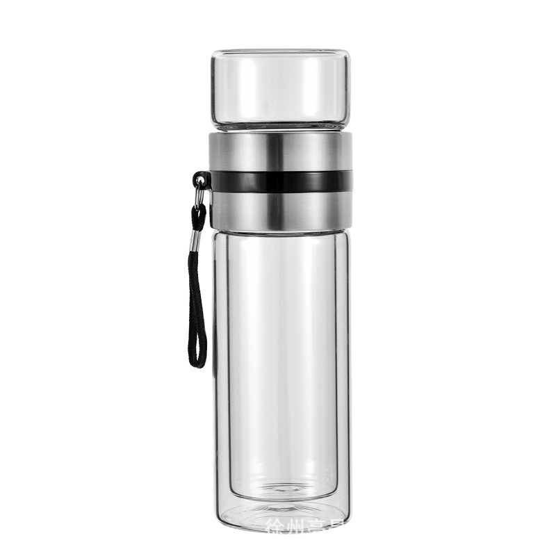 Double-Walled Thermal Glass Drinking Tea Bottle with Stainless Steel Strainer