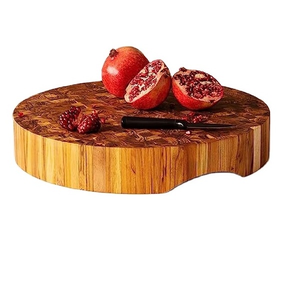 Factory Direct Sale Large Thick Teak Wood End Grain Butcher Block Round Meat Cutting Board with Handle