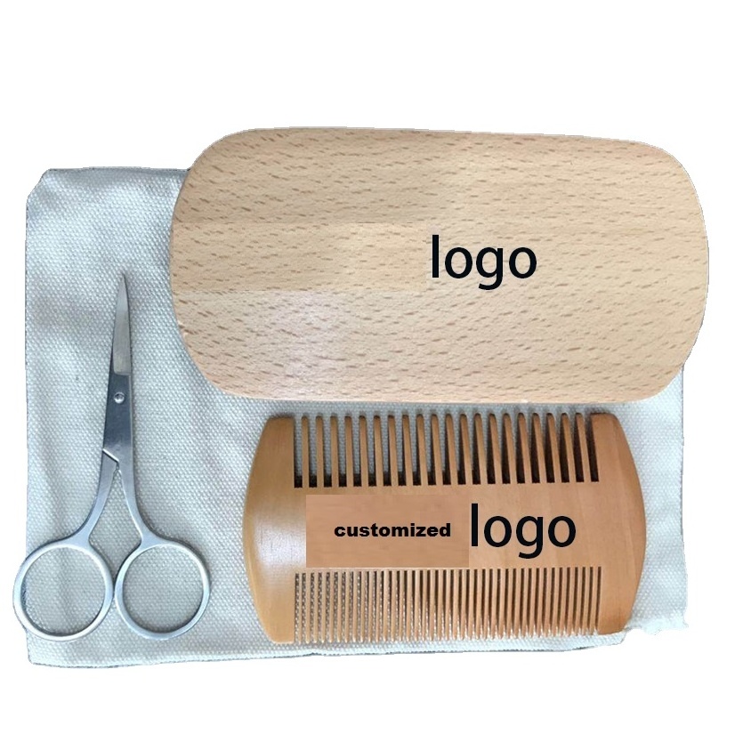 Beard Brush Set with Comb and Scissors Set Comb Grooming Kit Boar Bristle Durable Wooden Natural for Men Clean Hair or Beard