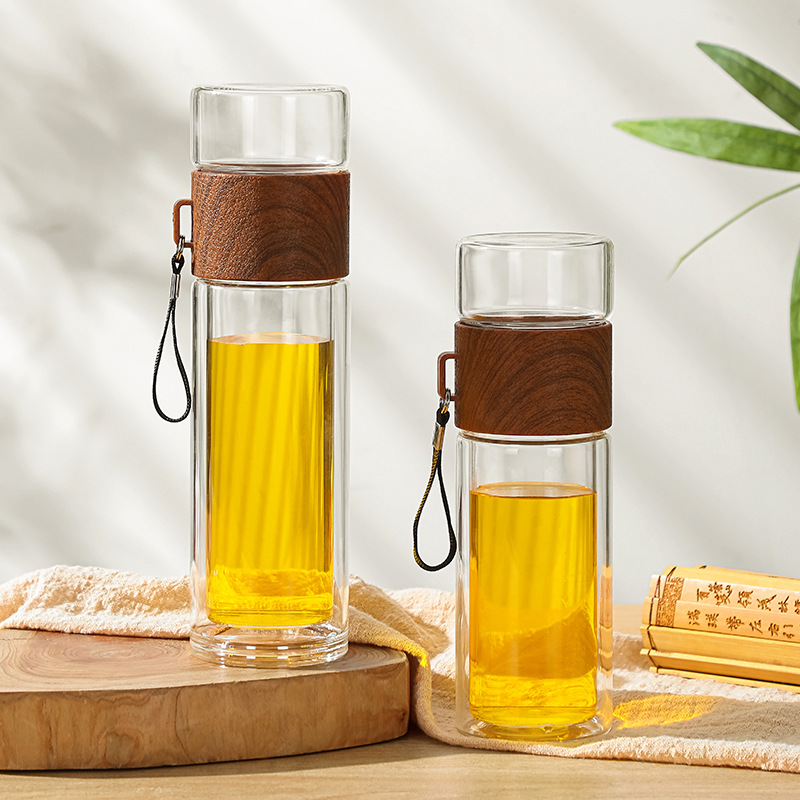 Double-Walled Thermal Glass Drinking Tea Bottle with Stainless Steel Strainer