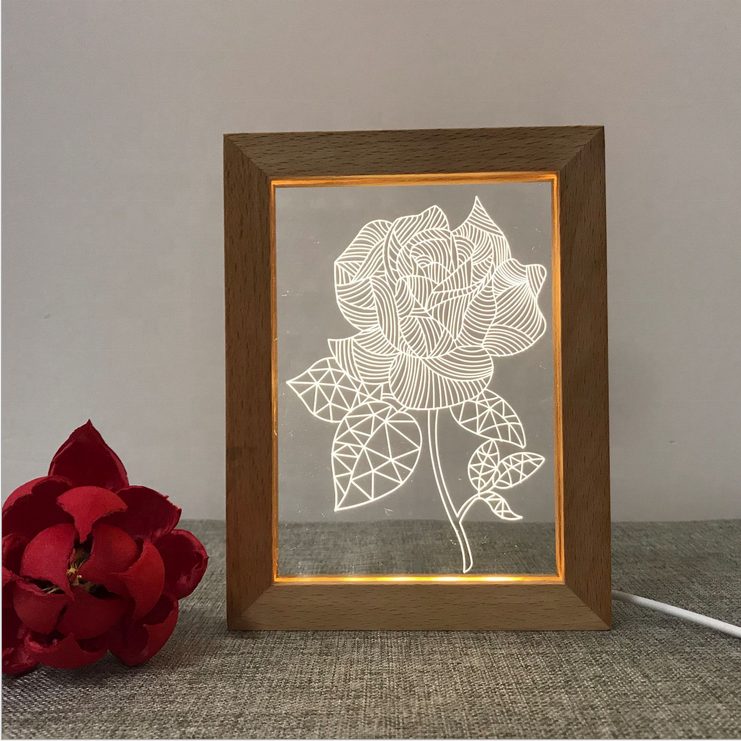 Wholesale Solid Wood Frame 3D LED Light Wooden Photo Frame With LED