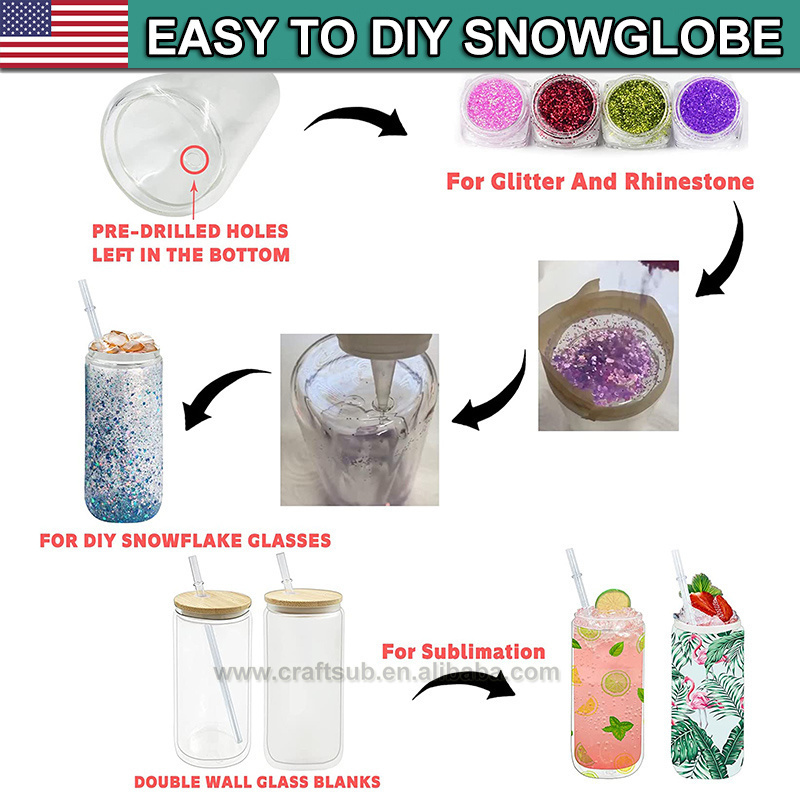 USA Warehouse 16oz 16 oz Halloween DIY Pre Drilled Hole Glitter Blank Sublimation Snow Globe Snowglobe Glass Tumbler Cup