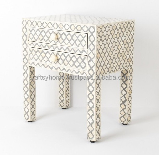 Handmade Bone Inlay 2 Drawers Antique Look Bedside Table Drawer Nightstand Side Table by Craftsy Home