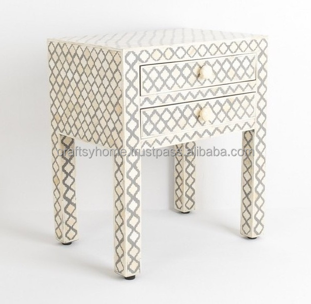 Handmade Bone Inlay 2 Drawers Antique Look Bedside Table Drawer Nightstand Side Table by Craftsy Home