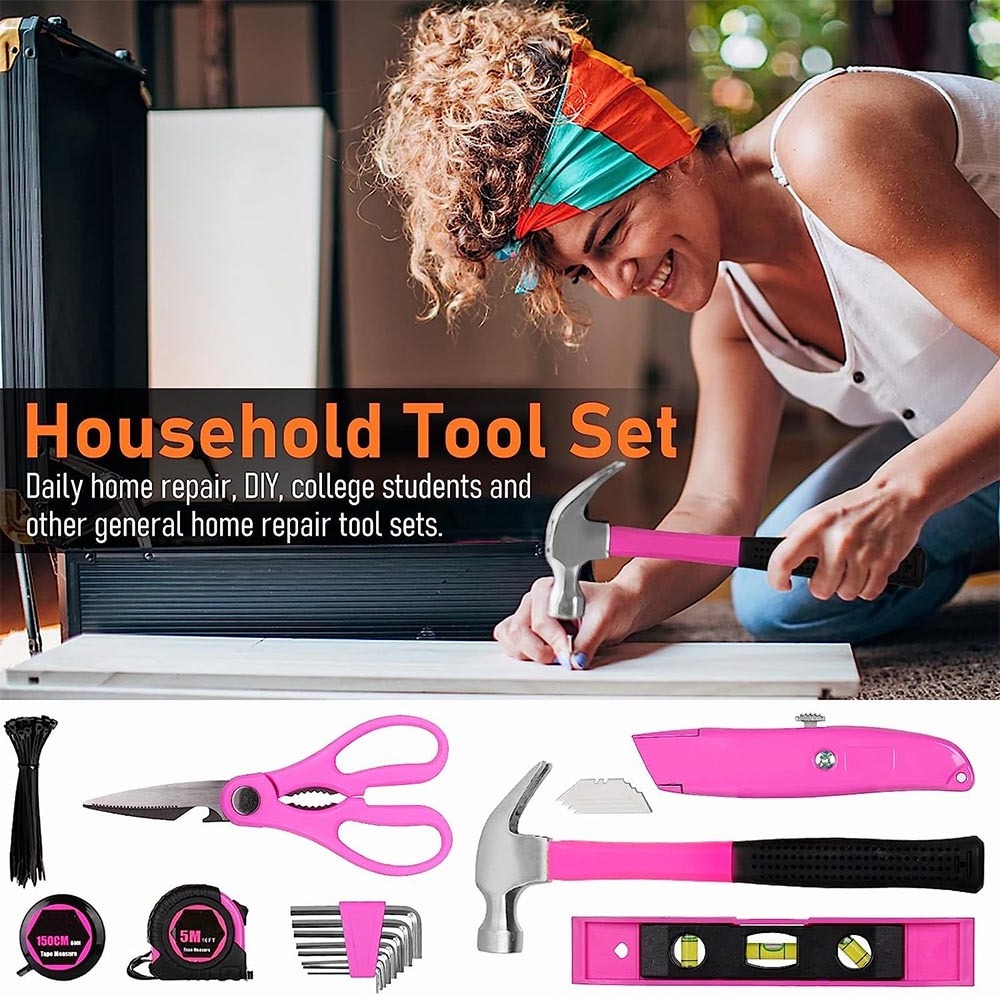 Pink Tool Set 207 Piece Ladys Portable Home Repairing Pink Purple Cute Repair Kit Household Women Lady Tool Set Case Box Bag