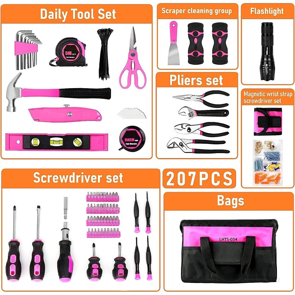 Pink Tool Set 207 Piece Ladys Portable Home Repairing Pink Purple Cute Repair Kit Household Women Lady Tool Set Case Box Bag