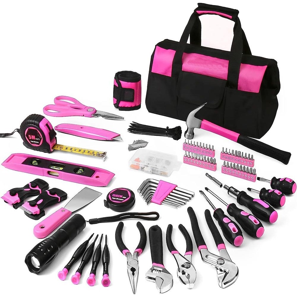 Pink Tool Set 207 Piece Ladys Portable Home Repairing Pink Purple Cute Repair Kit Household Women Lady Tool Set Case Box Bag