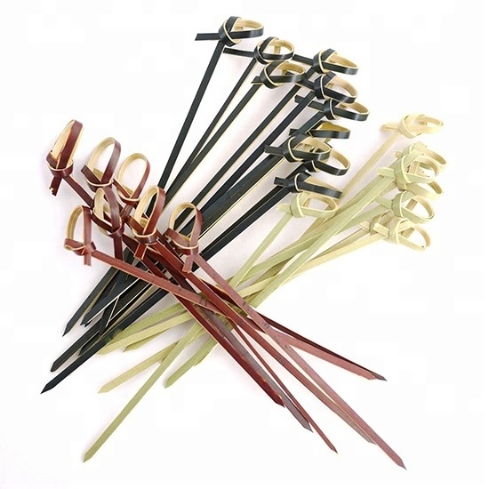 wholesale disposable red /black /green party food cocktail picks bamboo looped knot skewers