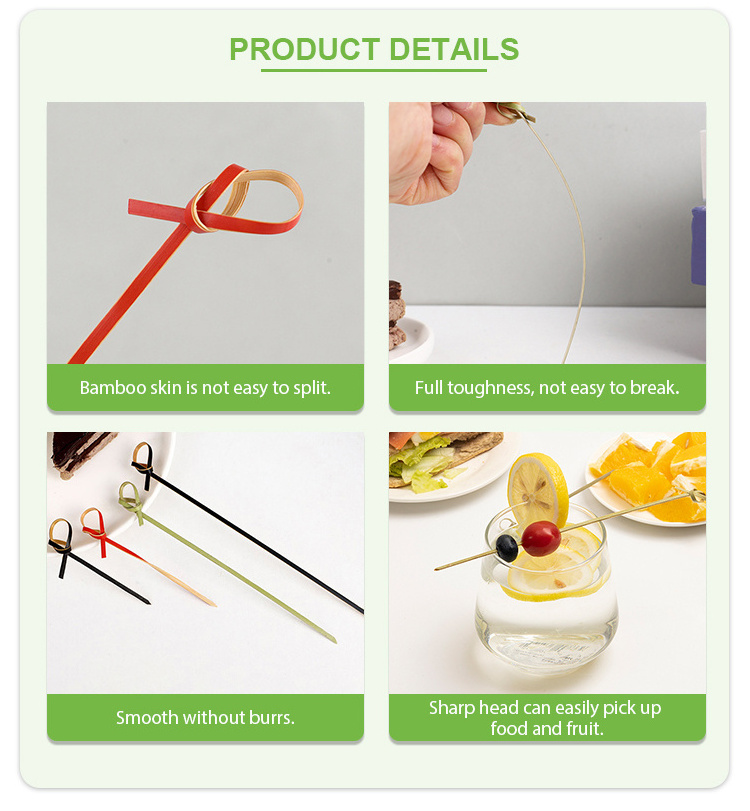 wholesale disposable red /black /green party food cocktail picks bamboo looped knot skewers