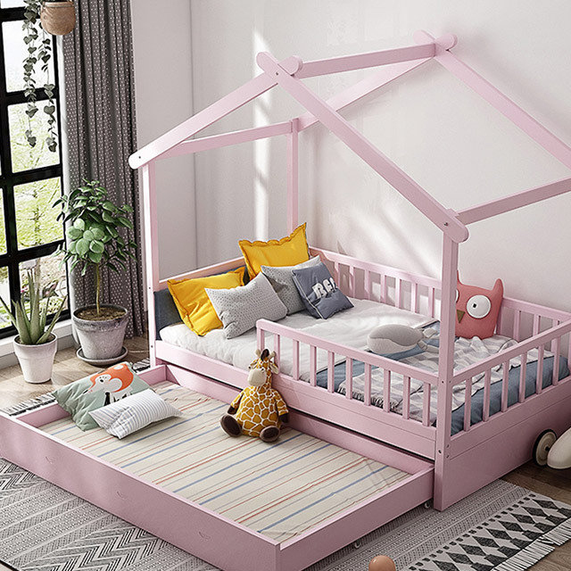 Beds House Kids Bedroom Furniture Wood Floor  House Bed for Kids