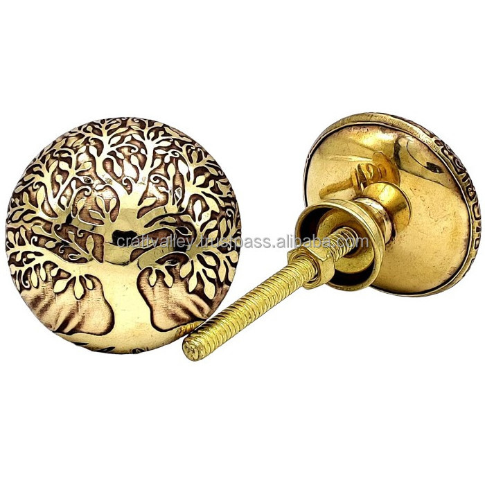 Tree of life Antique Brass Kitchen Cabinet Knobs Antique Gold Round Vintage Dresser Drawer Handles  Cupboard Door Floral Pattern