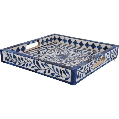 Bone inlay Arabic Blue Handicrafts Home Pattern Inspired Decorative Trays Versatile Ottoman Tray Modern Home Decor Artistic