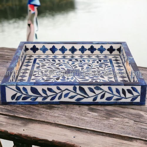 Bone inlay Arabic Blue Handicrafts Home Pattern Inspired Decorative Trays Versatile Ottoman Tray Modern Home Decor Artistic