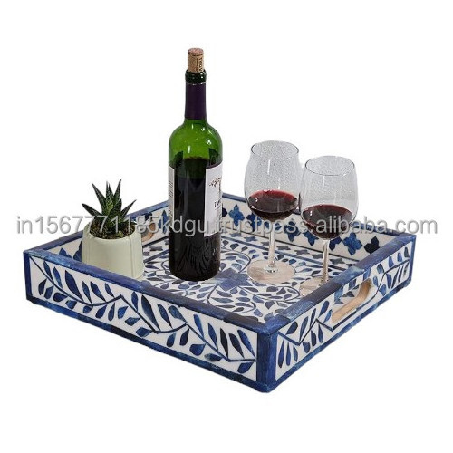 Bone inlay Arabic Blue Handicrafts Home Pattern Inspired Decorative Trays Versatile Ottoman Tray Modern Home Decor Artistic