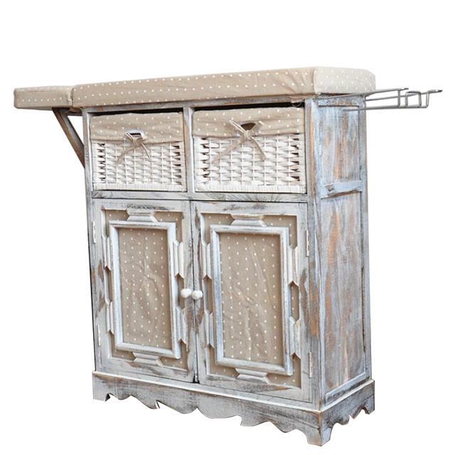 Custom White Solid Wood Folding Wood Ironing Boards Cabinet with Wicker Basket