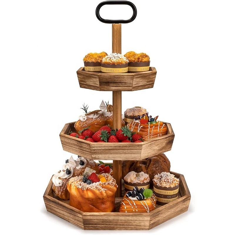 Serving Tray for Cupcake Cake Fruit Dessert Stand 3 Tier Wooden Serving Tray