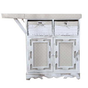 Custom White Solid Wood Folding Wood Ironing Boards Cabinet with Wicker Basket