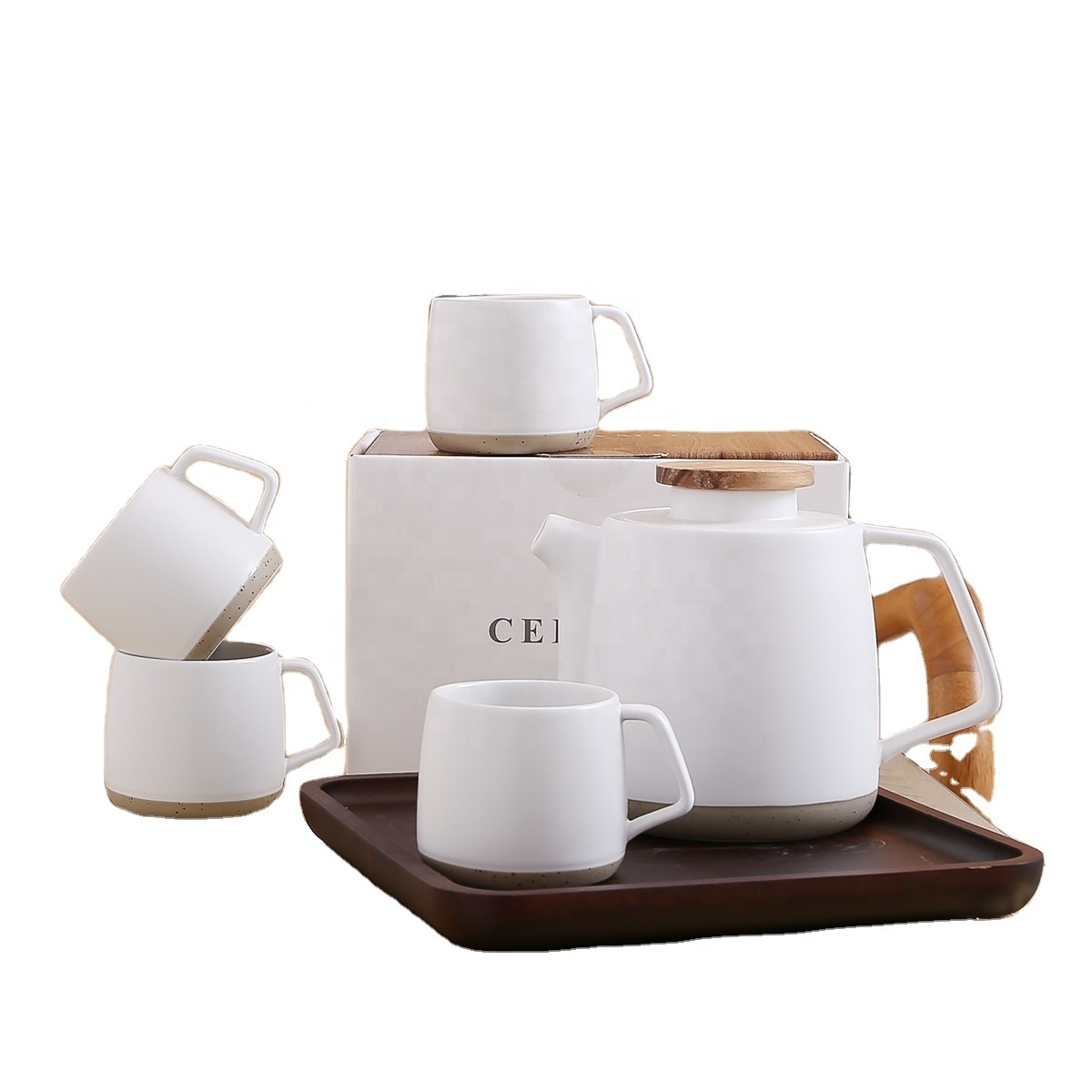 antique japanese designer ecofriendly personalized porcelain restaurant ceramic tea set coffee pot with wood tray