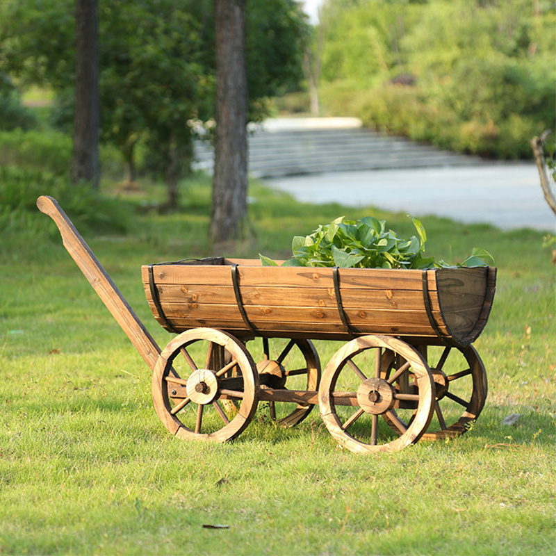 Garden Wagon Decor with Wheels Rustic Flower Pot Planters Indoor Outdoor Backyard Balcony Decor Wood Planter Box 