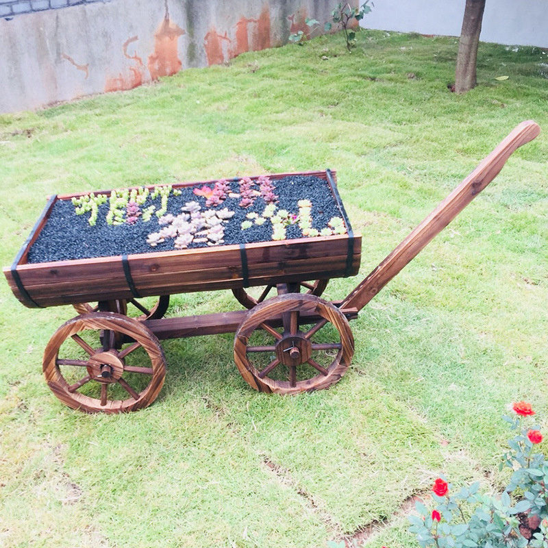 Garden Wagon Decor with Wheels Rustic Flower Pot Planters Indoor Outdoor Backyard Balcony Decor Wood Planter Box 