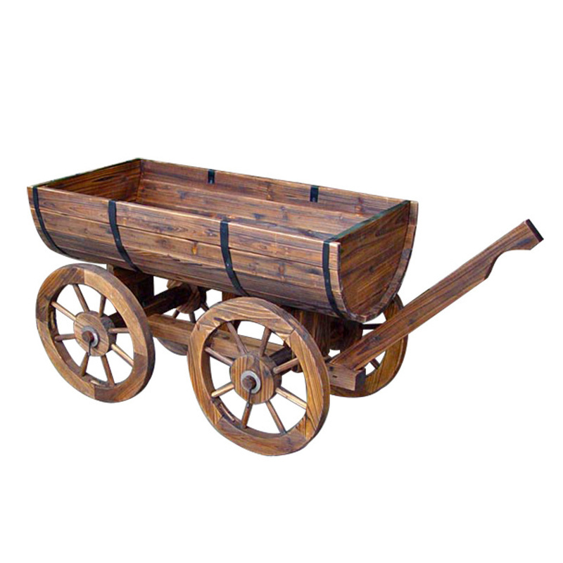 Garden Wagon Decor with Wheels Rustic Flower Pot Planters Indoor Outdoor Backyard Balcony Decor Wood Planter Box 