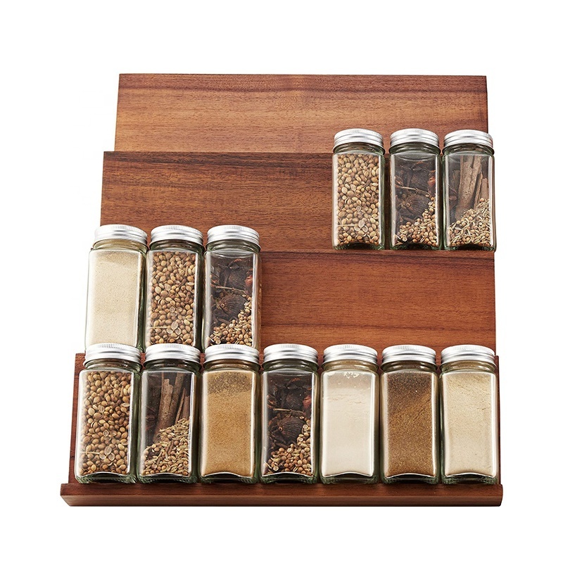 Wooden Tray Spice Racks Organizer Cabinet Storage Shelf 4 Tier Acacia Spice Rack Organizer for Drawer