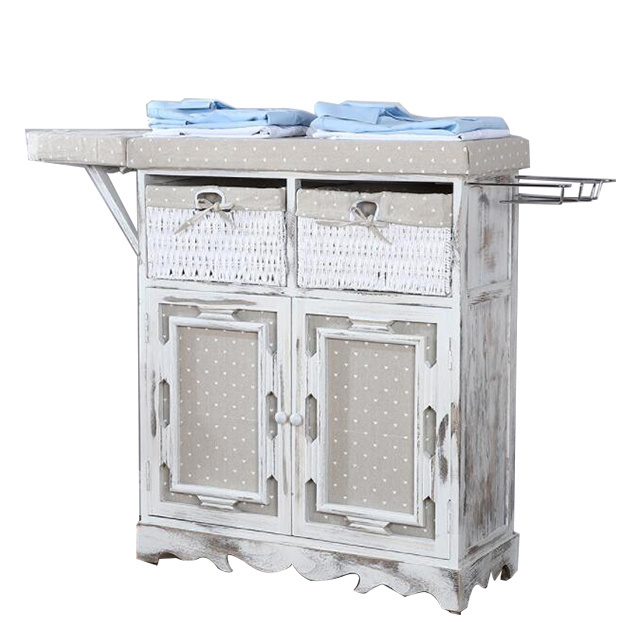 Custom White Solid Wood Folding Wood Ironing Boards Cabinet with Wicker Basket