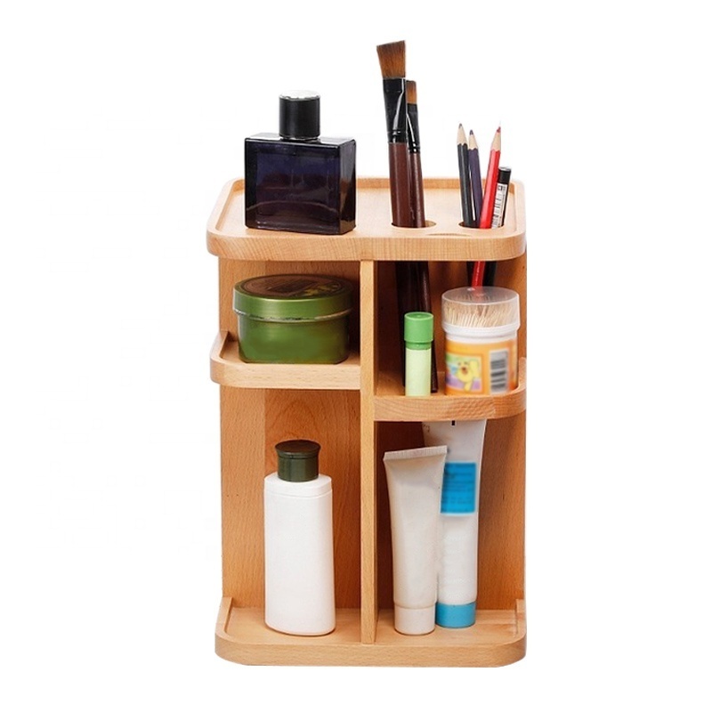 Wooden Makeup Organizer Rotating Multi-Function Wooden Cosmetic Storage Display Shelf