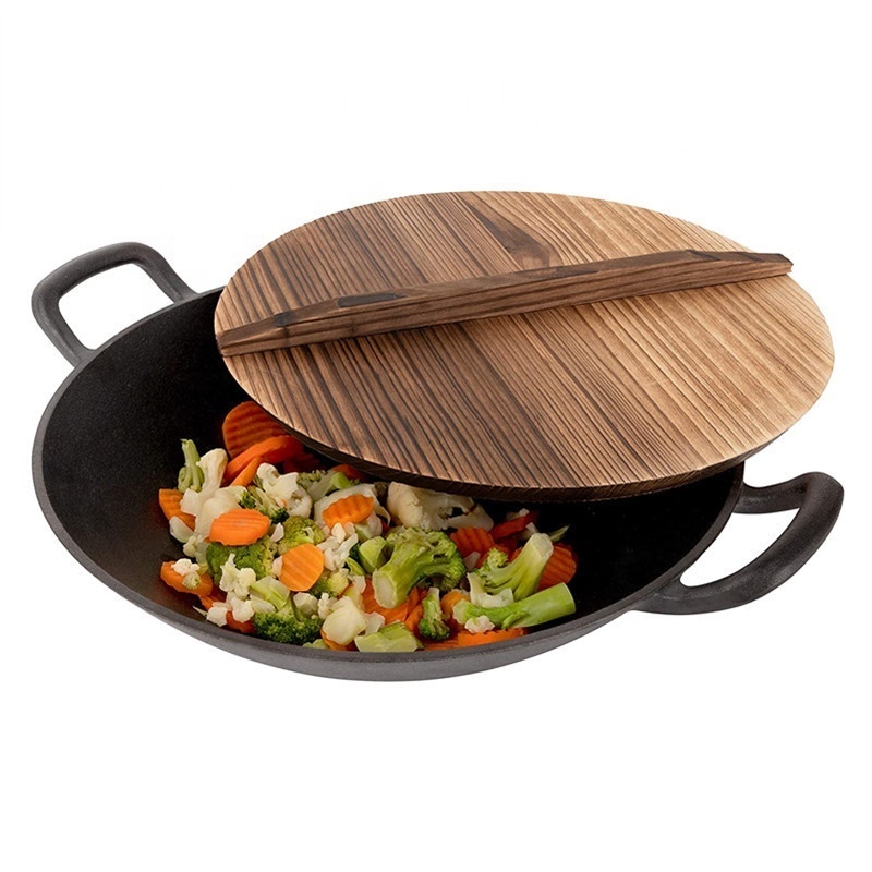 Nice Quality Chinese Wok Sets Large Round Cast Iron Cookware with Wooden Lid