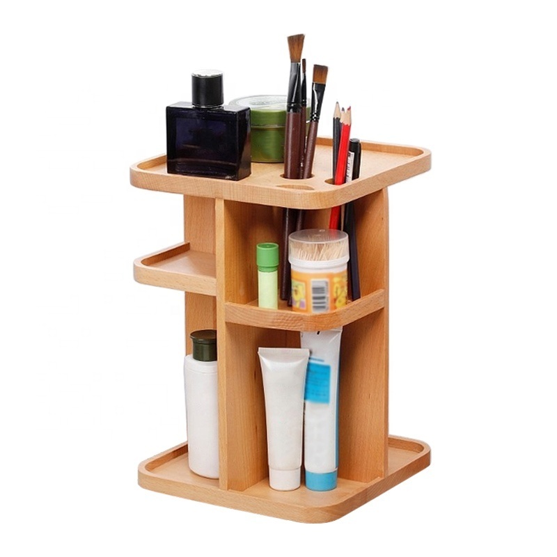 Wooden Makeup Organizer Rotating Multi-Function Wooden Cosmetic Storage Display Shelf