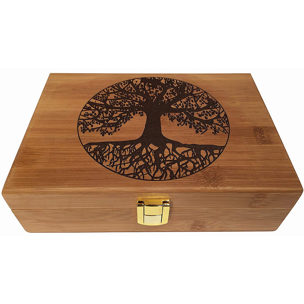 Engraved Tree Design Bamboo Wood Box with Hinged Lid Home Decorative Wood Stash Box