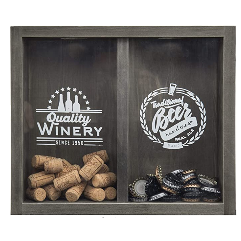 Grey Wall Mounted Wood Beer Cap Display Box Wine Cork Holder Shadow Box