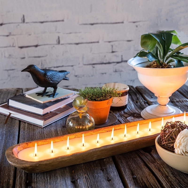 Customized Farmhouse Wooden Dough Bowl Candles Table Centerpiece , Wood Bowl Candle Boat