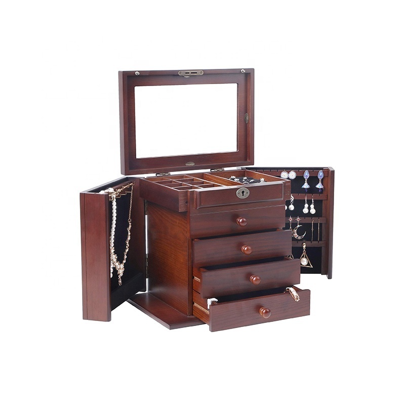 Wooden Jewelry Box with Mirror and Lock Double Open Door 4-Level Drawer Wooden Jewellery Box with Lock