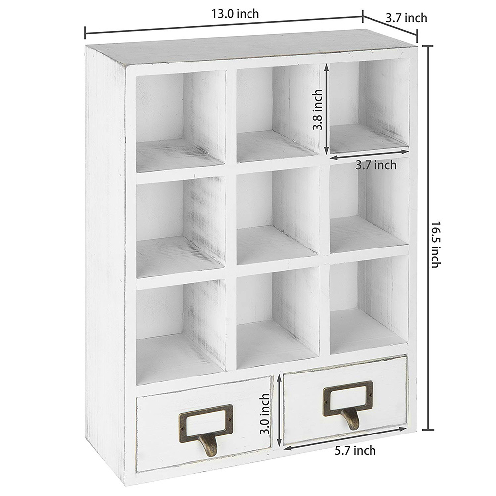 Vintage White Wall-Mounted Shadow Box Wood Display Shelf with 2 Pullout Drawers Wall Hanging Storage Rack Home Decor and Storage