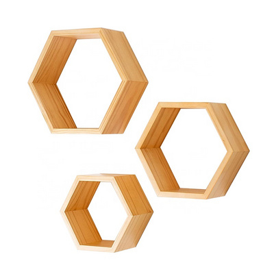 Natural Wooden Wall Mounted Hexagon Floating Shelves Wooden Wall Organizer Hanging Shelf for Home Decor Set of 3