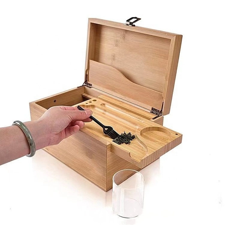 Custom Logo Smoking Accessories Wooden Rolling Tray Smell Proof Stoner Storage With Lock Combo Kit Bamboo Stash Box kit