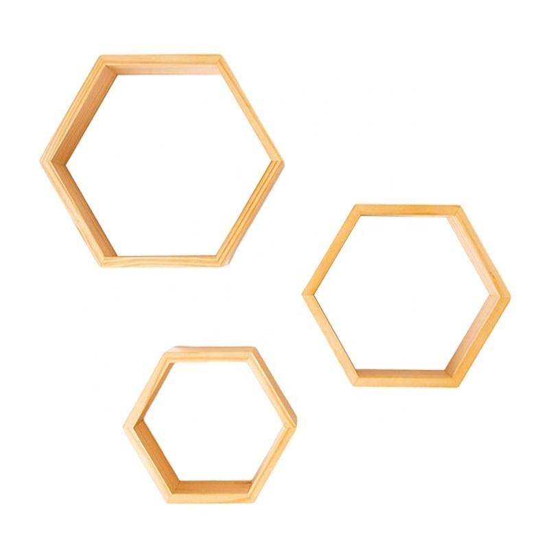 Natural Wooden Wall Mounted Hexagon Floating Shelves Wooden Wall Organizer Hanging Shelf for Home Decor Set of 3