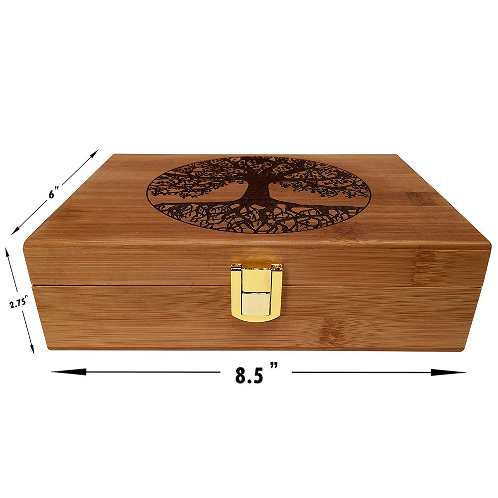 Engraved Tree Design Bamboo Wood Box with Hinged Lid Home Decorative Wood Stash Box