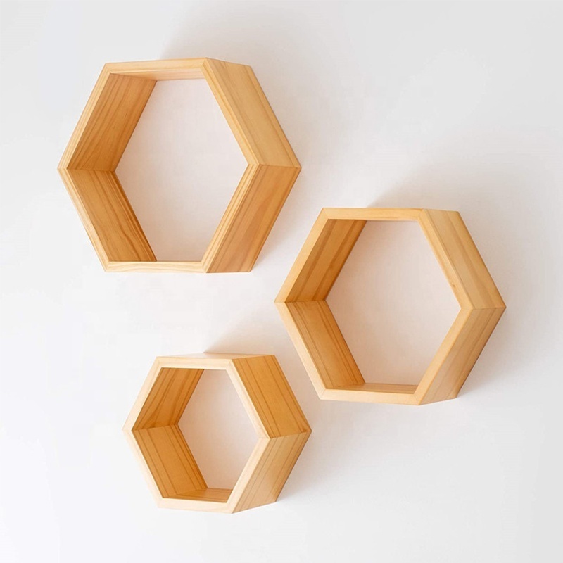 Natural Wooden Wall Mounted Hexagon Floating Shelves Wooden Wall Organizer Hanging Shelf for Home Decor Set of 3