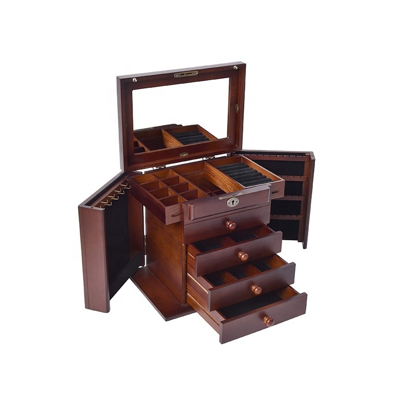 Wooden Jewelry Box with Mirror and Lock Double Open Door 4-Level Drawer Wooden Jewellery Box with Lock