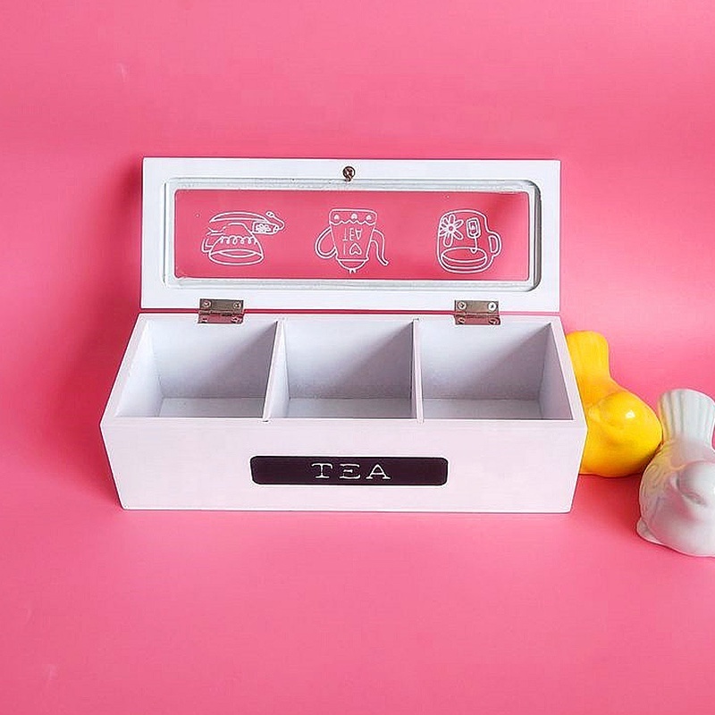 Tea Bag Organizer White Wood 3 Compartment Tea Storage Box for Organizer and Display Tea Bags