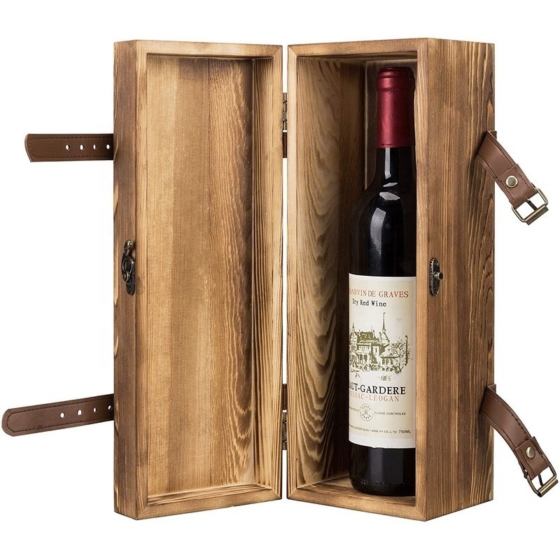 Vintage Brown Wood box With leather clasps Single Bottle Wine Gift Box