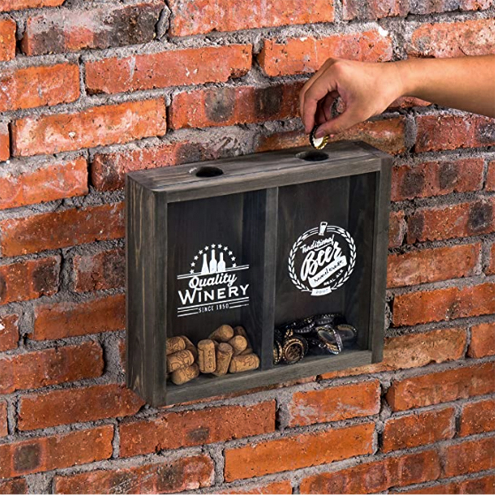 Grey Wall Mounted Wood Beer Cap Display Box Wine Cork Holder Shadow Box