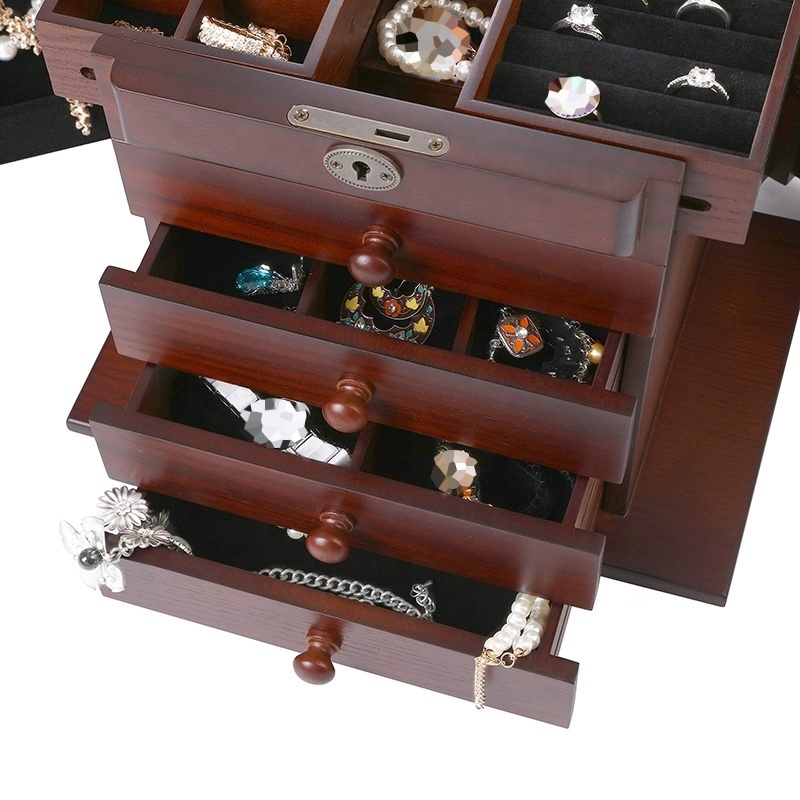 Wooden Jewelry Box with Mirror and Lock Double Open Door 4-Level Drawer Wooden Jewellery Box with Lock