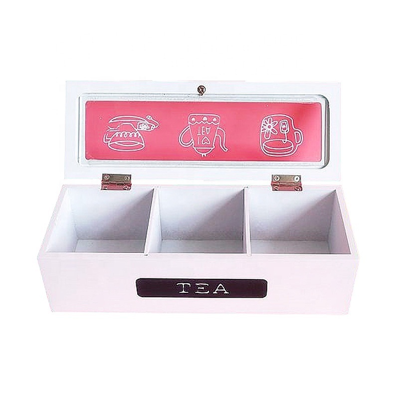 Tea Bag Organizer White Wood 3 Compartment Tea Storage Box for Organizer and Display Tea Bags